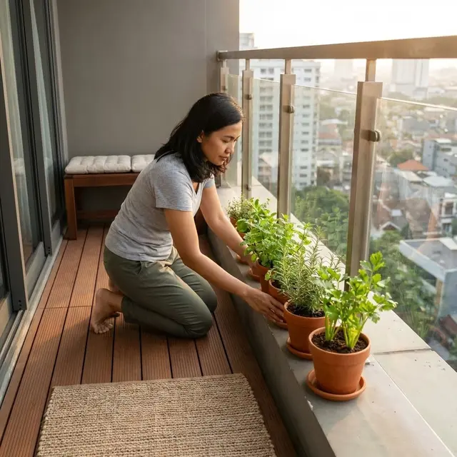 Tanaman Herbal di Pinggir Teras dengan Pot Kecil (Gemini AI)