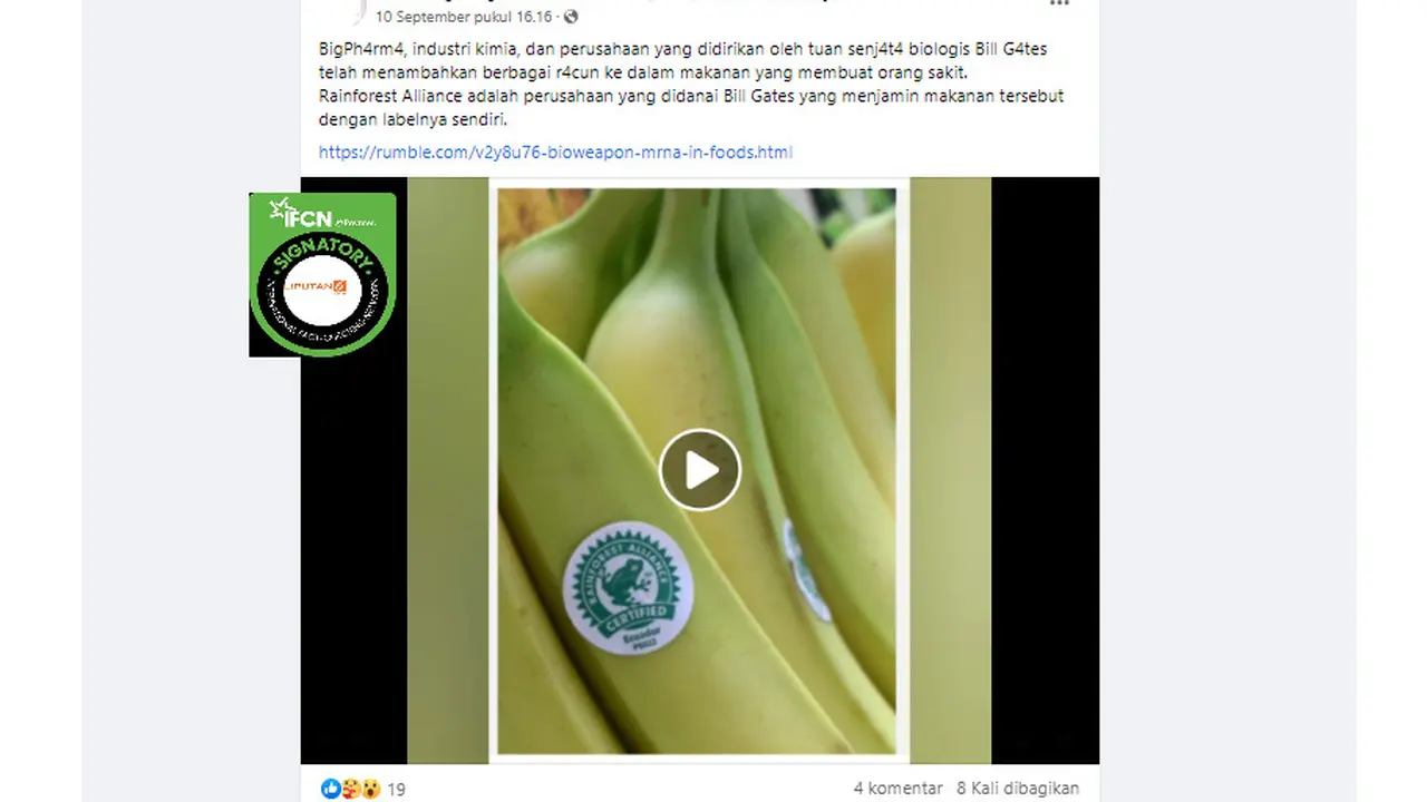 Tangkapan layar klaim Bill Gates memasukkan racun pada makanan berlabel Rainforest Alliance Certified