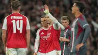 Selebrasi Gabriel Martinelli dalam laga Arsenal vs Olympiakos di Liga Champions, Kamis (2/10/2025). (AP Photo/Kin Cheung)