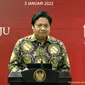Menteri Koordinator Perekonomian Airlangga Hartarto dalam konferensi pers PPKM, Senin (3/1/2022).