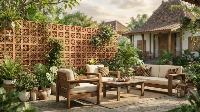 Outdoor Lounge Menggunakan Roster sebagai Dinding Privasi dengan Estetika Terbuka Tapi aman Model Terakota