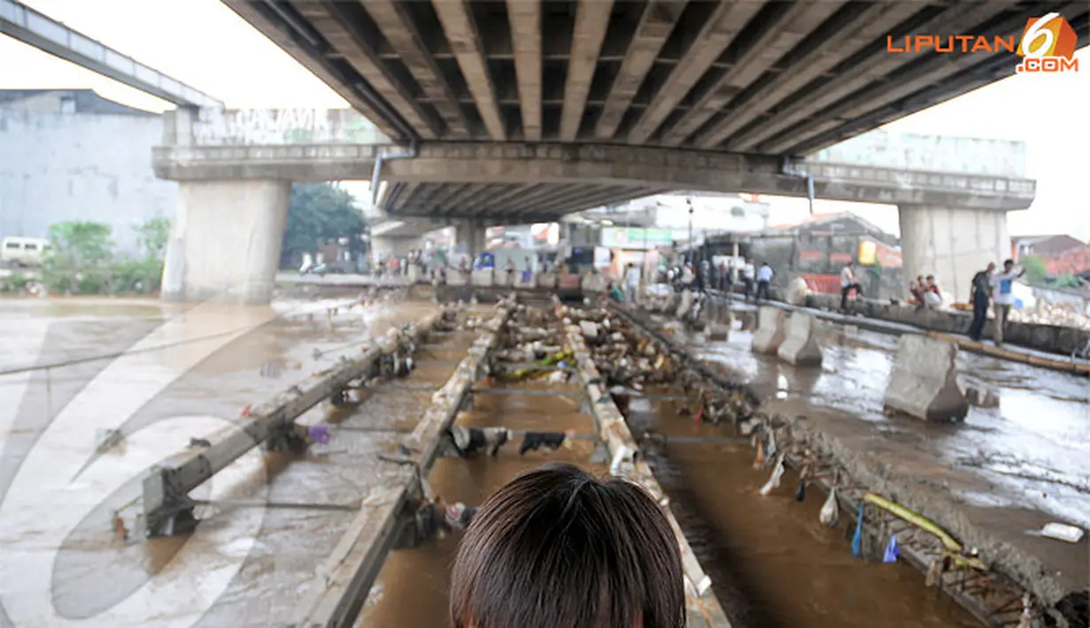 Permukaan Kali Ciliwung hampir menyentuh dasar kolong jembatan. (Liputan6.com/Azis Prastowo)