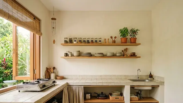 Dapur 3x2 dengan Meja Cor dan Rak Kayu