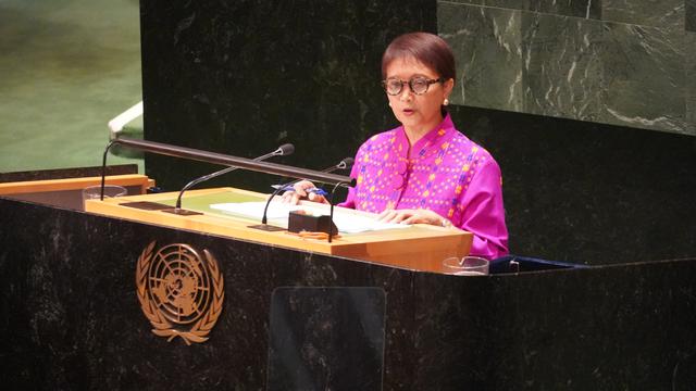 Menlu Retno Marsudi dalam pidatonya di depan Majelis Umum PBB pada Sabtu 23 September 2023 di New York, Amerika Serikat. (Dok Kemlu RI)