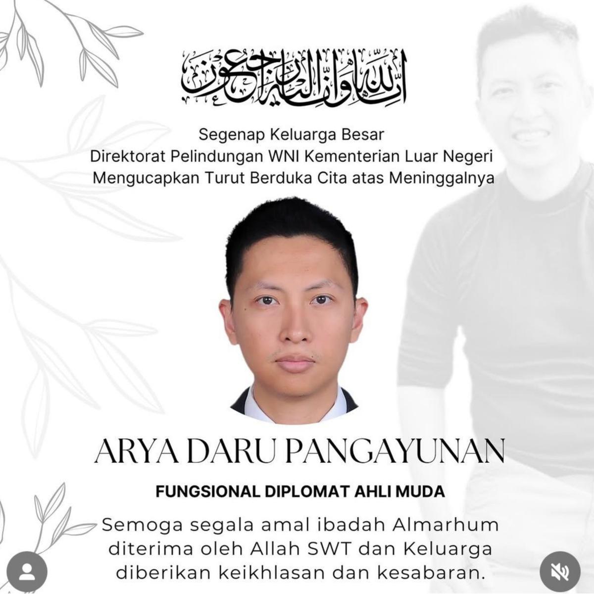 Diplomat Kemlu RI Arya Daru Pangayunan ditemukan meninggal di kamar kosnya di kawasan Gondangdia Kecil, Jakarta Pusat, Selasa (8/7/2025). (Foto: Instagram/@peduliwni)