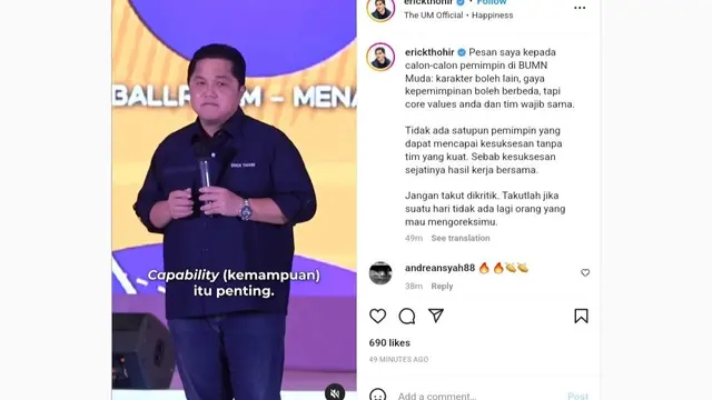 Tangkapan layar instagram Menteri BUMN Erick Thohir di @erickthohir, Jumat (16/9/2022).