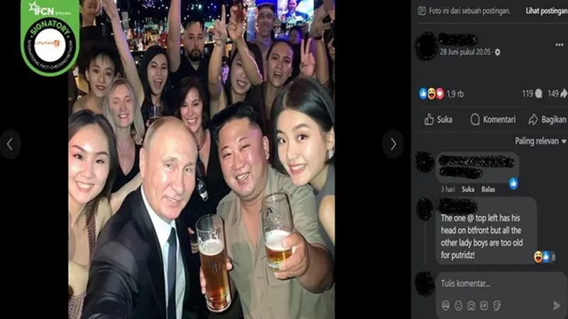 Gambar tangkapan layar foto yang diklaim Presiden Rusia Vladimir Putin dan Pemimpin Korea Utara Kim Jong Un sedang mengangkat gelas berisi bir di klub malam. (sumber: Facebook)