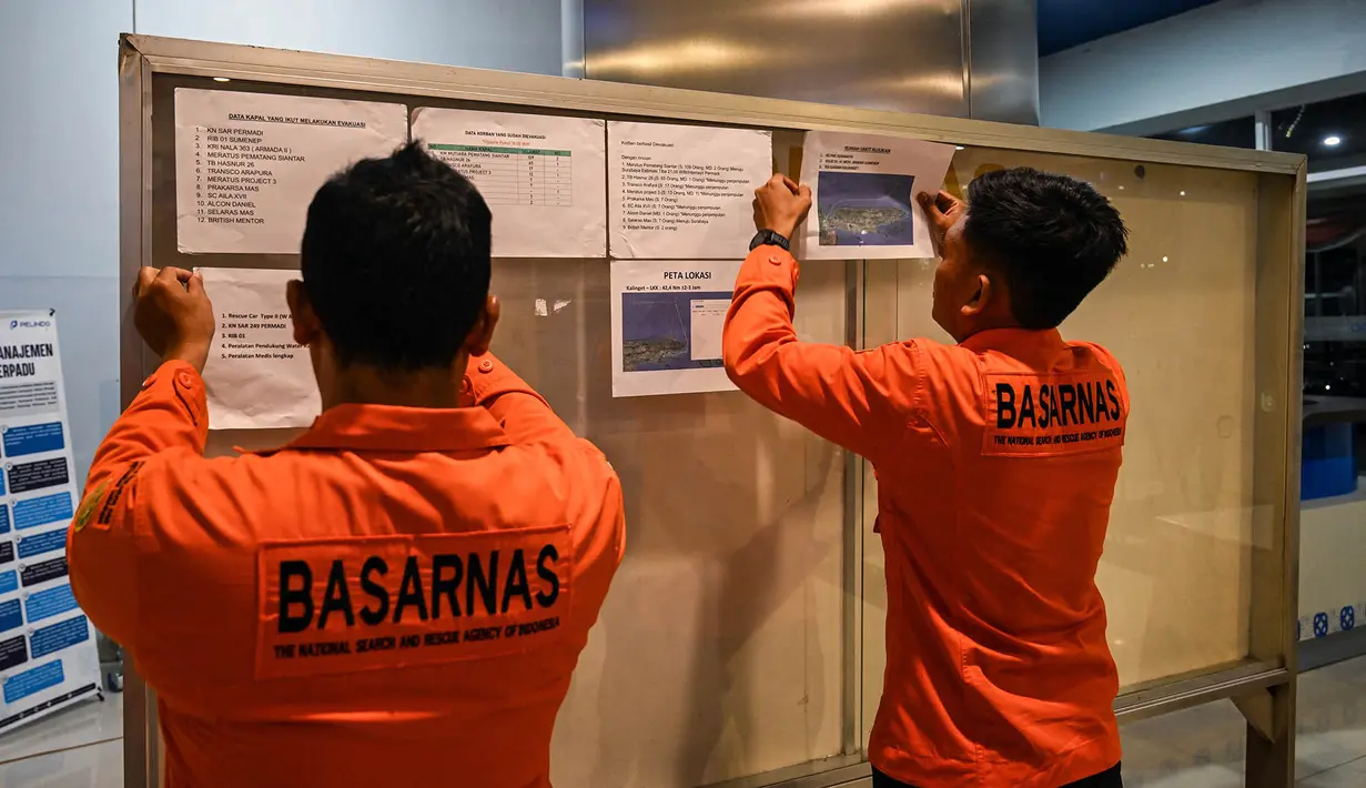 Petugas Basarnas menempel informasi terkait penanganan peristiwa terbakarnya KM Mutiara Sentosa 2 di posko informasi, Gapura Surya Nusantara, Pelabuhan Tanjung Perak, Surabaya, Jawa Timur, Minggu (2/8/2026). (AFP/ Juni Kriswanto)