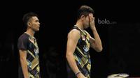 Pasangan Indonesia, Fajar Alfian/Muhammad Rian Ardianto kalah dari pasangan Denmark, Mathias Boe/Carsten Mogensen pada laga semifinal Indonesia Open 2017 di JCC, Sabtu, (17/6/2017). Indonesia kalah 21-17 18-21 21-12. (Bola.com/M Iqbal Ichsan)
