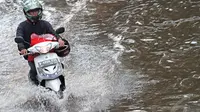  Seorang pengendara motor nekat menerobos banjir di Jl.Pemuda, Taman Ria Senayan, Jakarta, Jumat (30/5/2014) (Liputan6.com/Faizal Fanani)