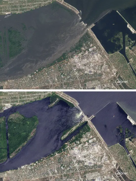 <p>Gambar kombinasi ini dibuat dengan foto yang disediakan oleh Planet Labs PBC menunjukkan banjir di Kakhovka, Ukraina, setelah jebolnya Bendungan Kakhovka pada Selasa (6/6/2023). Foto bawah diambil sebelum banjir pada 5 Juni 2023, sementara foto atas diambil saat banjir pada 6 Juni 2023. (Planet Labs PBC via AP)</p>