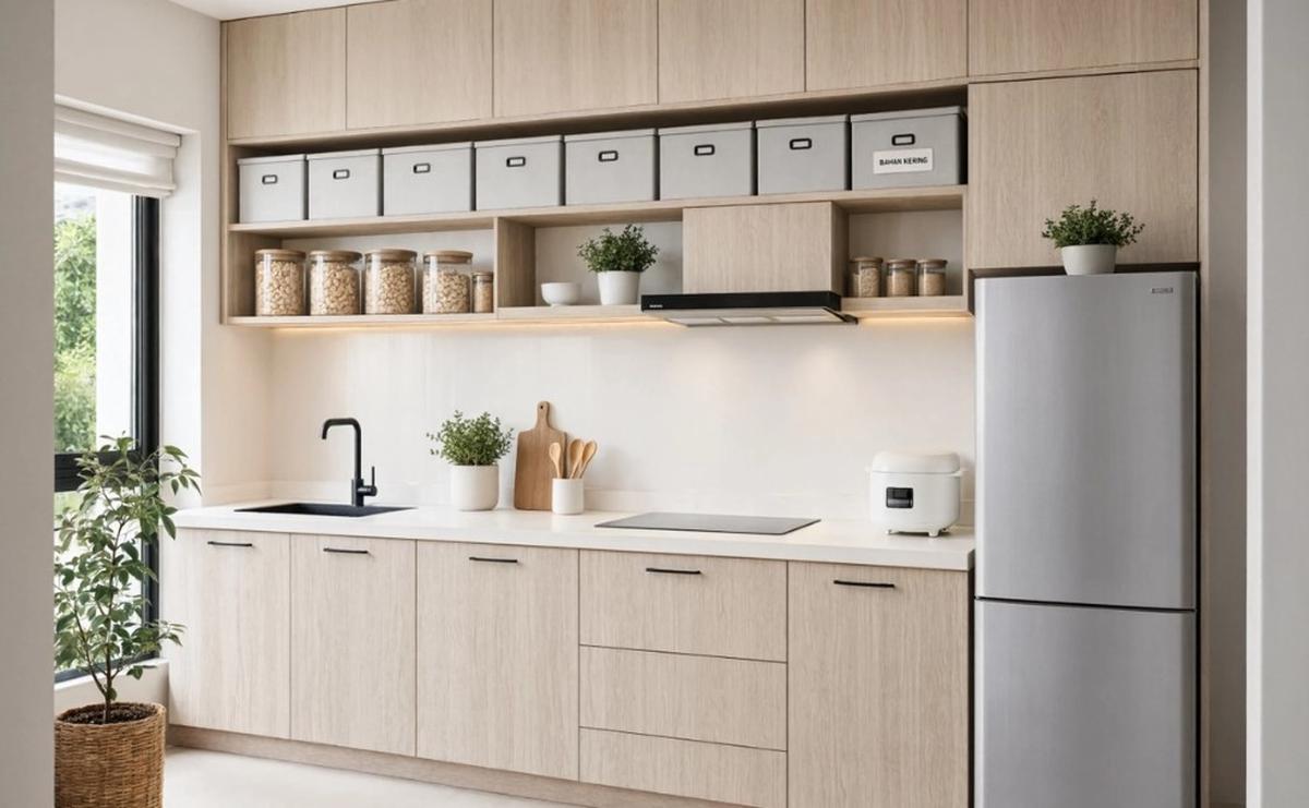 Desain Dapur Kecil dengan Banyak Penyimpanan agar Meja Tetap Rapi (AI Generated)