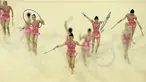 Pesenam Meeksiko sedang beraksi di nomor tim artistik putri Pan Am Games 2015 di Toronto, Kanada. (18/7/2015). Foto yang diambil dengan teknik multiple exposure. (AP Photo/Gregory Bull)