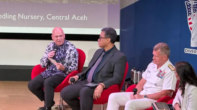 Diskusi "20 Tahun Kerja Sama AS dan Indonesia dalam Mitigasi Bencana" yang diselenggarakan Kedutaan Besar AS di @america, Jakarta, Rabu (12/6/2024). (Liputan6/Benedikta Miranti)