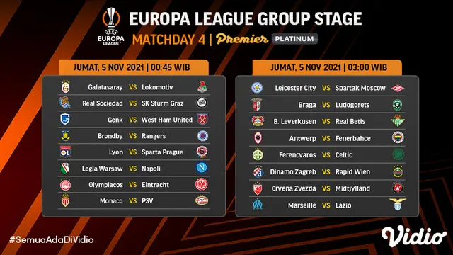 Jadwal dan Live Streaming Liga Europa 2021/2022 Matchday 4 di Vidio Pekan Ini