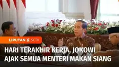 Hari terakhir bertugas, Presiden Joko Widodo mengundang seluruh Menteri Kabinet Indonesia Maju untuk makan siang bersama di Istana Negara, Jakarta. Jokowi pun membuka pintu rumahnya selebar-lebarnya kepada anggota Kabinet Indonesia Maju dan pejabat n...