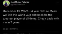 Ramalan Jose Miguel Polanco terkait kemenangan Argentina di Piala Dunia 2022 (Tangkapan layar cuitan @josepolanco10).