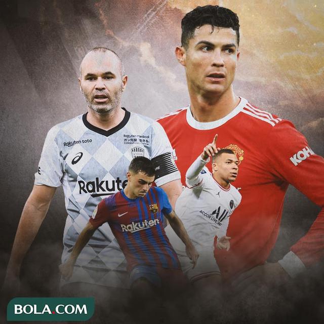 Ilustrasi - Andres Iniesta, Pedri, Cristiano Ronaldo, Kylian Mbappe