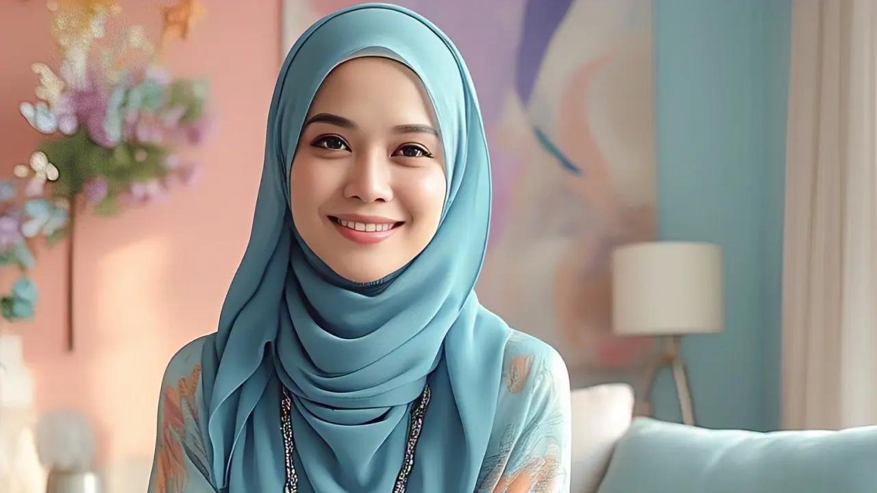 Padu padan gamis dan hijab cocok untuk wanita usia 40-an agar tampil cantik elegan dan anggun. (Foto: Meta AI)