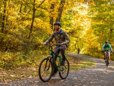 Sejumlah pesepeda menikmati keindahan dedaunan musim gugur di Island Lake Recreation Center di Livingston County, Michigan, Amerika Serikat, pada 11 Oktober 2020. (Xinhua/Joel Lerner)