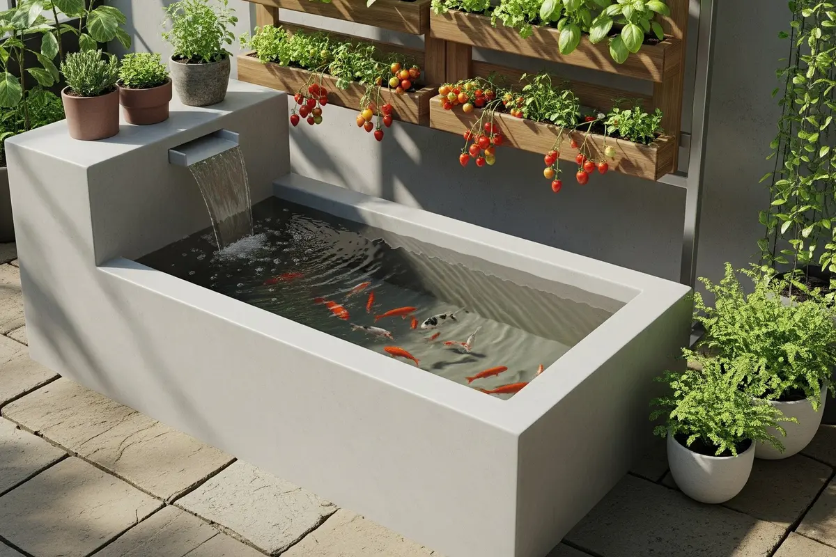 Kolam Ikan Semen Mini dengan Kebun Sayur Vertikal (Gemini AI)