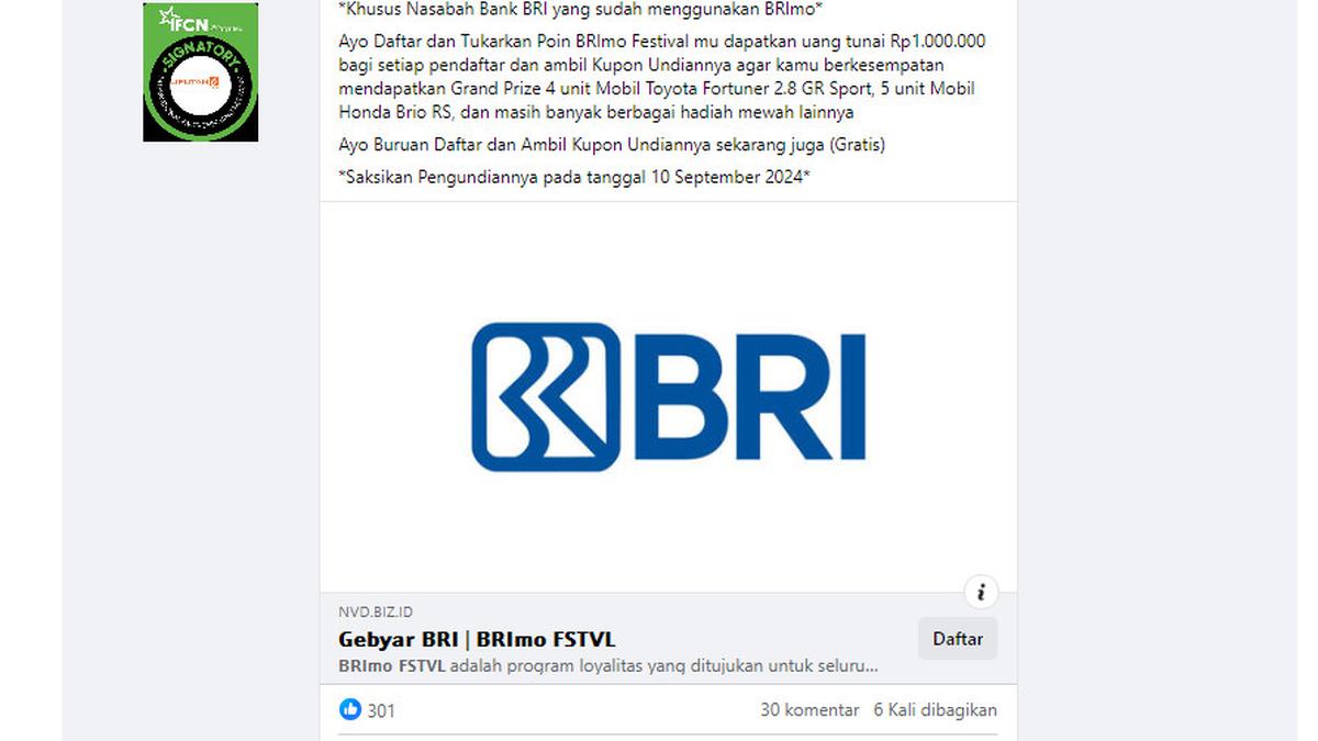 Cek Fakta: Tidak Benar BRI Bagikan Rp 1 Juta dengan Mendaftar Poin BRImo Festival Berita Viral Hari Ini Kamis 19 September 2024