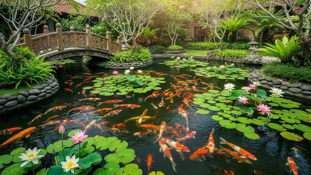 Kolam Koi dan Teratai dengan Jembatan Mini