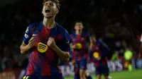 Selebrasi Fermin Lopez dalam laga Liga Champions antara Barcelona vs Olympiakos, Selasa (21/10/2025).&nbsp;(AP Photo/Joan Monfort)