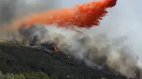 Sebuah pesawat terlihat menjatuhkan air di titik api, di San Marcos, California, Amerika Serikat , (15/5/2014), (Reuters / mike blake)  