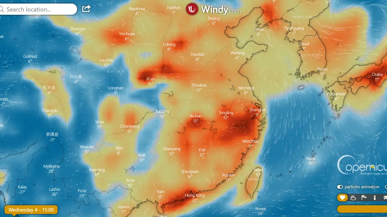 Pantauan NO2 di udara China pada Rabu, 4 Maret 2020.