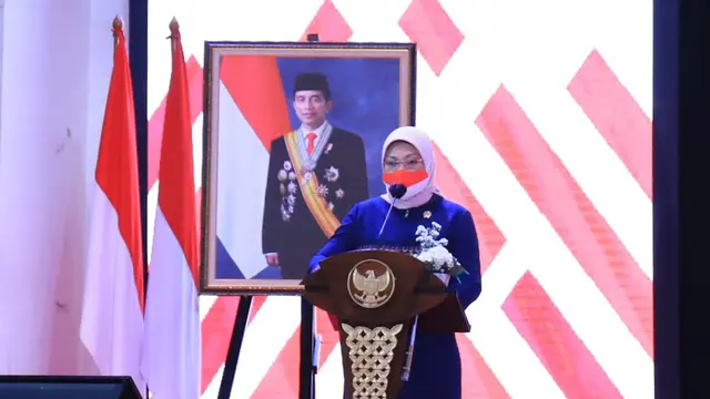 Menteri Ketenagakerjaan Ida Fauziyah saat memberikan sambutan pada acara rapat koordinasi Badan Pelindungan Pekerja Migran Indonesia (BP2MI)