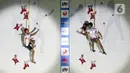 Atlet Panjat Tebing Putra Indonesia, Aspar (kiri) meluapkan kegembiraan usai menumbangkan rekan setimnya, Raharjati Nursamsa di Kejuaraan Panjat Tebing Dunia IFSC 2022 di Jakarta, Sabtu (24/9/2022). Di Babak Final, Aspar menempati posisi utama dengan catatan waktu 5,39 detik. (Liputan6.com/Helmi Fithriansyah)