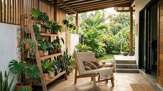 Rak Tanaman Kayu di Belakang Kursi Santai