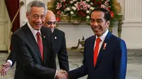 Presiden  Joko Widodo bersalaman dengan Perdana Menteri Singapura Lee Hsien Loong di Istana Merdeka, Minggu (20/10/2019). Jelang pelantikan di Gedung MPR, Jokowi menerima kunjungan lima kepala negara di Ruang Kredensial Istana Merdeka, Jakarta. (AFP Photo/Bay Ismoyo)