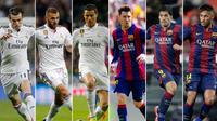 Trisula Barcelona (Lionel Messi, Neymar, dan Luis Suarez) lebih baik ketimbang para bomber Real Madrid (Cristiano Ronaldo, Karim Benzema, dan Gareth Bale). Kedua tim akan saling berhadapan pada laga El Clasico di Santiago Bernabeu, Minggu (22/11/2015). (M