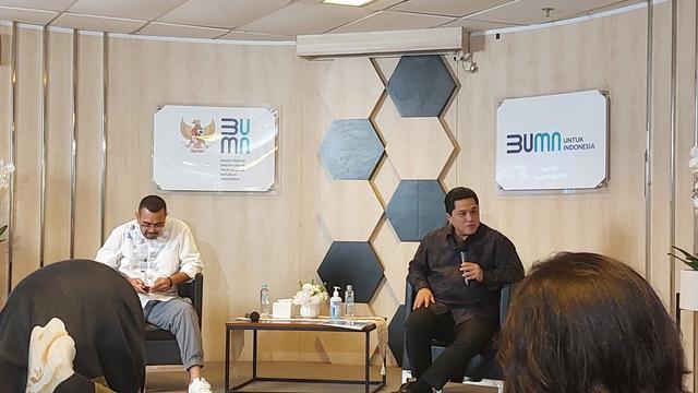 Menteri BUMN Erick Thohir dalam Acara Ramah Tamah di Kementerian BUMN, Rabu (3/5/2023). Erick Thohir buka suara mengenai rencana pemerintah yang akan menambah porsi saham di PT Freeport Indonesia (PTFI).