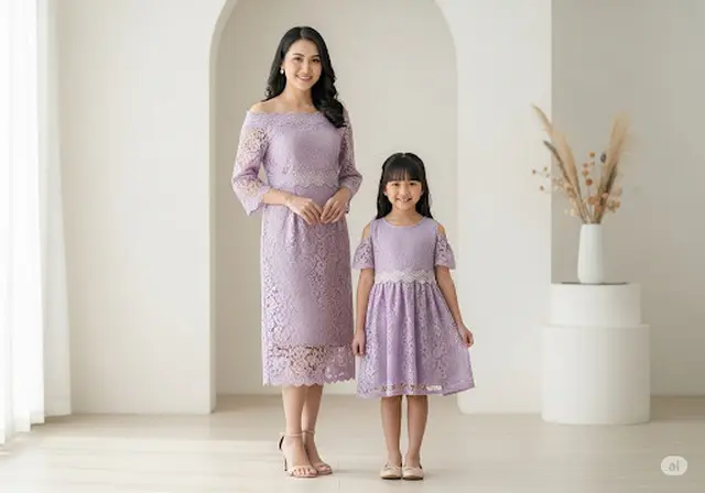Dress Brokat Modern Off-Shoulder/Baju Brokat Anak Kembaran dengan Ibu untuk Pesta (Sumber: gemini.com)