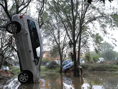 Sebuah mobil tersangkut di pohon usai banjir reda di Grabels, Prancis, Selasa (7/10/2014) (AFP PHOTO/Sylvain THOMAS)