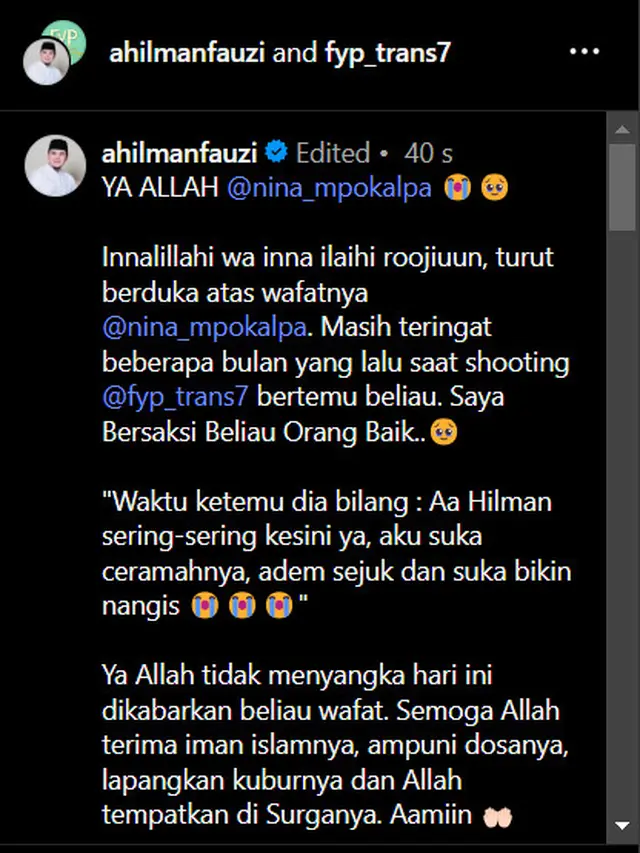 Ustadz Hilman Fauzi mengucapkan belasungkawa atas meninggalnya Mpok Alpa