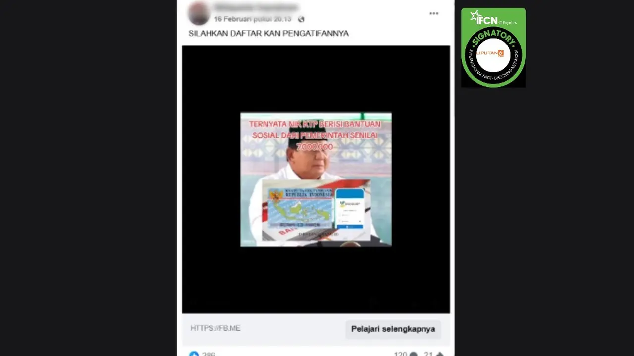 Cek Fakta Liputan6.com mendapati klaim video Presiden Prabowo Subianto mengumumkan pencairan bansos sebesar Rp 7 juta per NIK KTP.