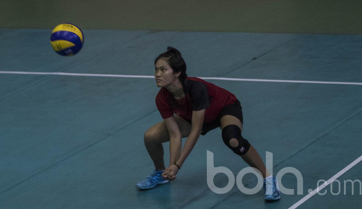 Pevoli Indonesia, Asela Purnama, bersiap memukul bola saat mengikuti pemusatan latihan nasional jelang SEA Games di Padepokan Voli Sentul, Bogor, Rabu (17/5/2017). (Bola.com/Vitalis Yogi Trisna)