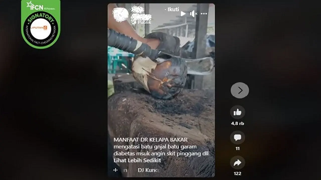 Gambar Tangkapan Layar Klaim Mengonsumsi Air Kelapa Bakar dapat Mengatasi Batu Ginjal (sumber: Facebook).