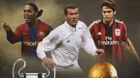 Ilustrasi - Ronaldinho, Zidane, Kaka dan Piala Liga Champions, Ballon d'Or, Piala Dunia (Bola.com/Adreanus Titus)