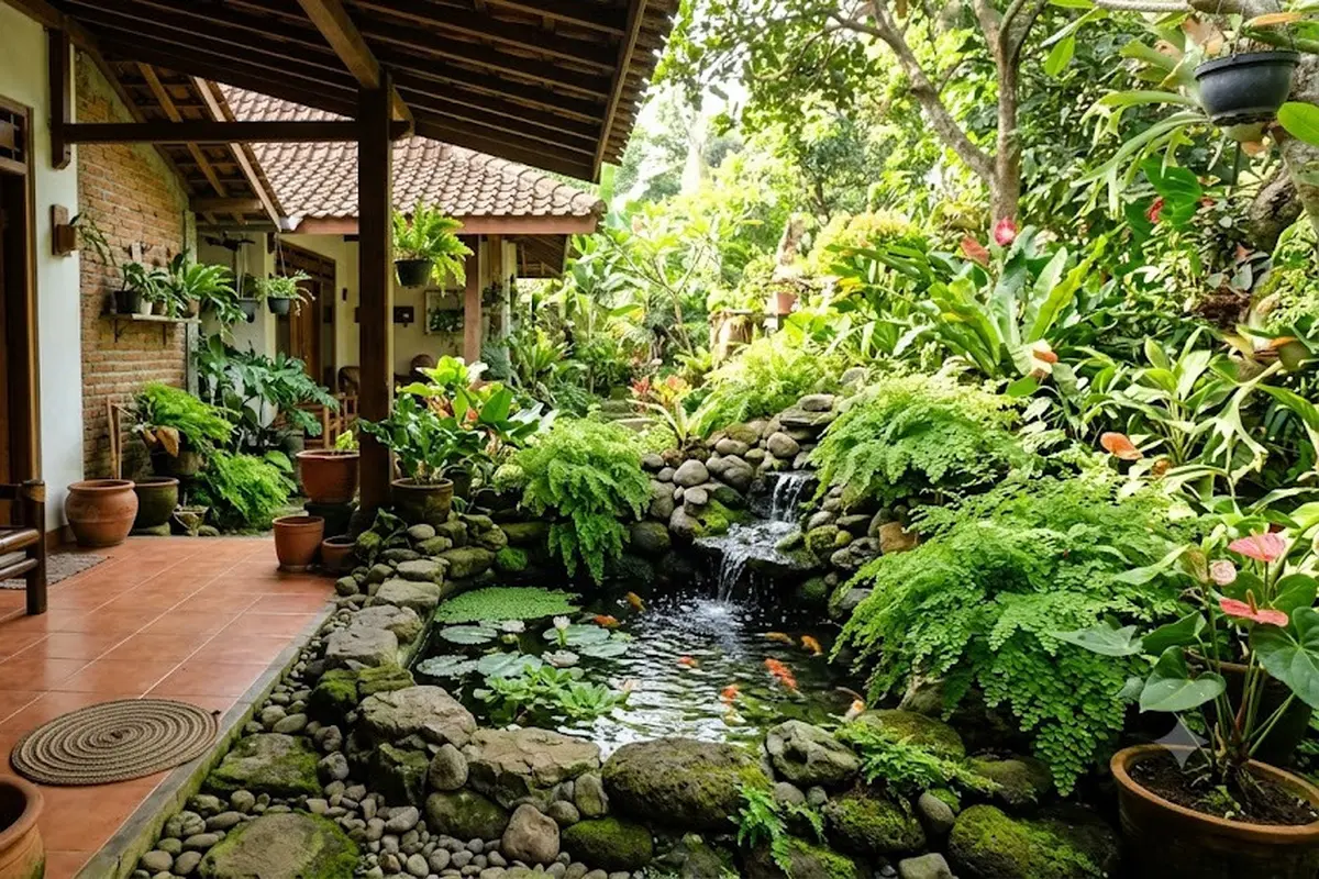 Teras Rumah dengan Tanaman Suplir dan Kolam Mini/AI Generated