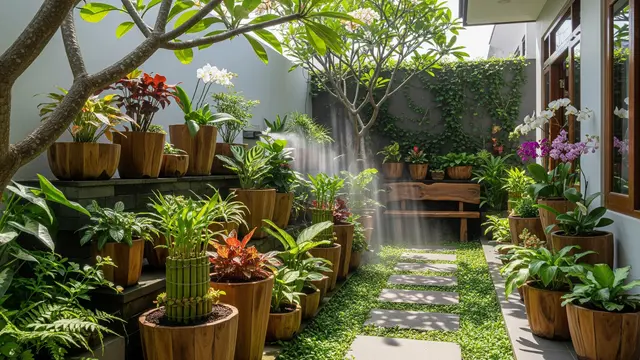 Kebun Rumah dengan Tanaman dan Kayu yang Bikin Suasana Sejuk