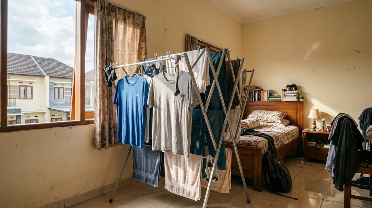 Menjemur pakaian di kamar