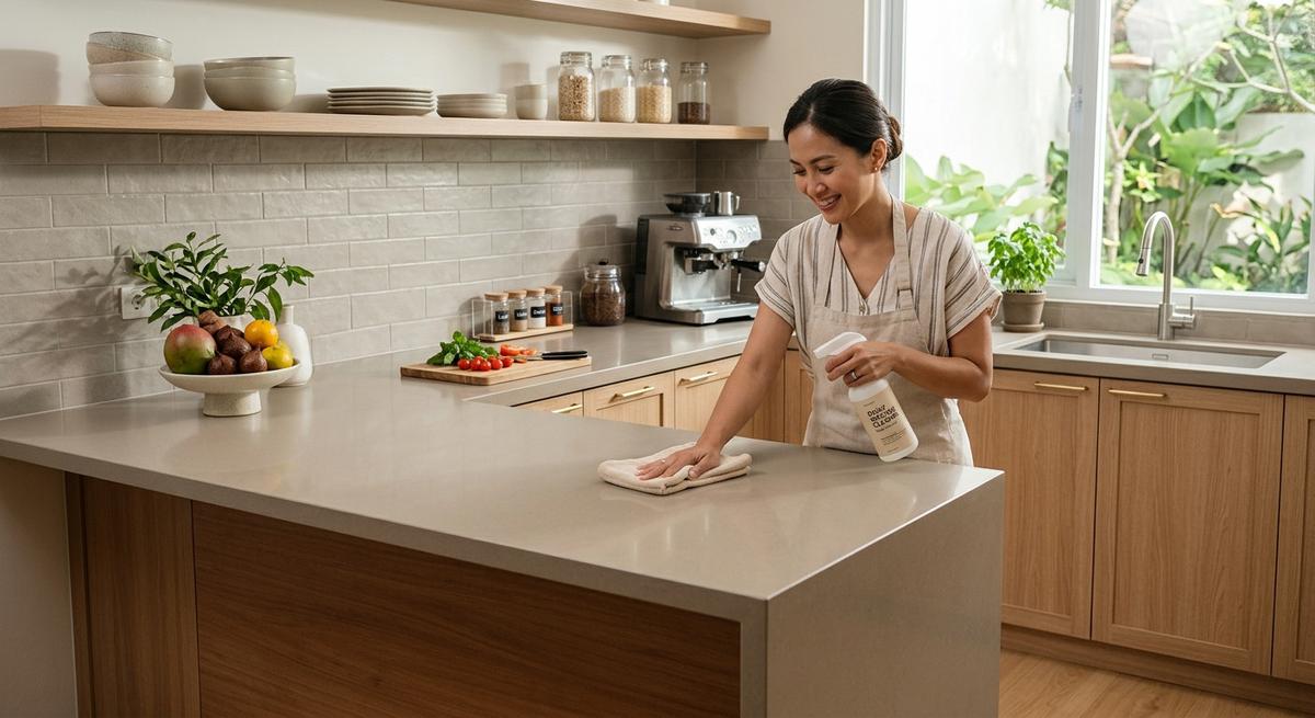 Meja Dapur Warna Beige atau Greige dengan Permukaan Polos (AI Generated)