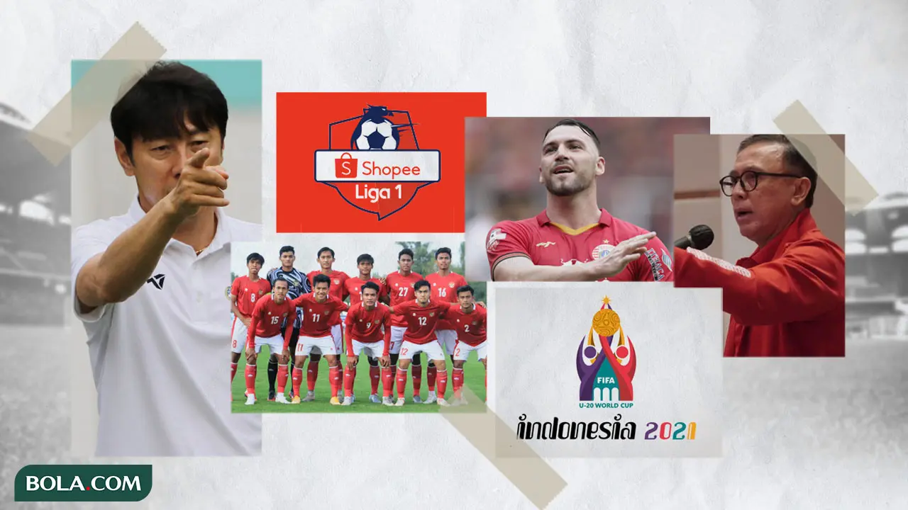 Kolase - Mochamad Iriawan, Shin Tae-yong, Timnas Indonesia U-19, Marko Simic, Logo Shopee, Logo Piala Dunia U-20