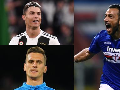 Quagliarella semakin kokoh di daftar teratas pencetak gl terbanyak Serie A musim 2018/19. Kini raihan gol nya semakin menjauhi para kompetitor. Bomber Sampdoria kini telah mengmas 26 gol, selisih 5 gol dari mega bintang Juventus, Cristiano Ronaldo. (Kolase Foto AFP)