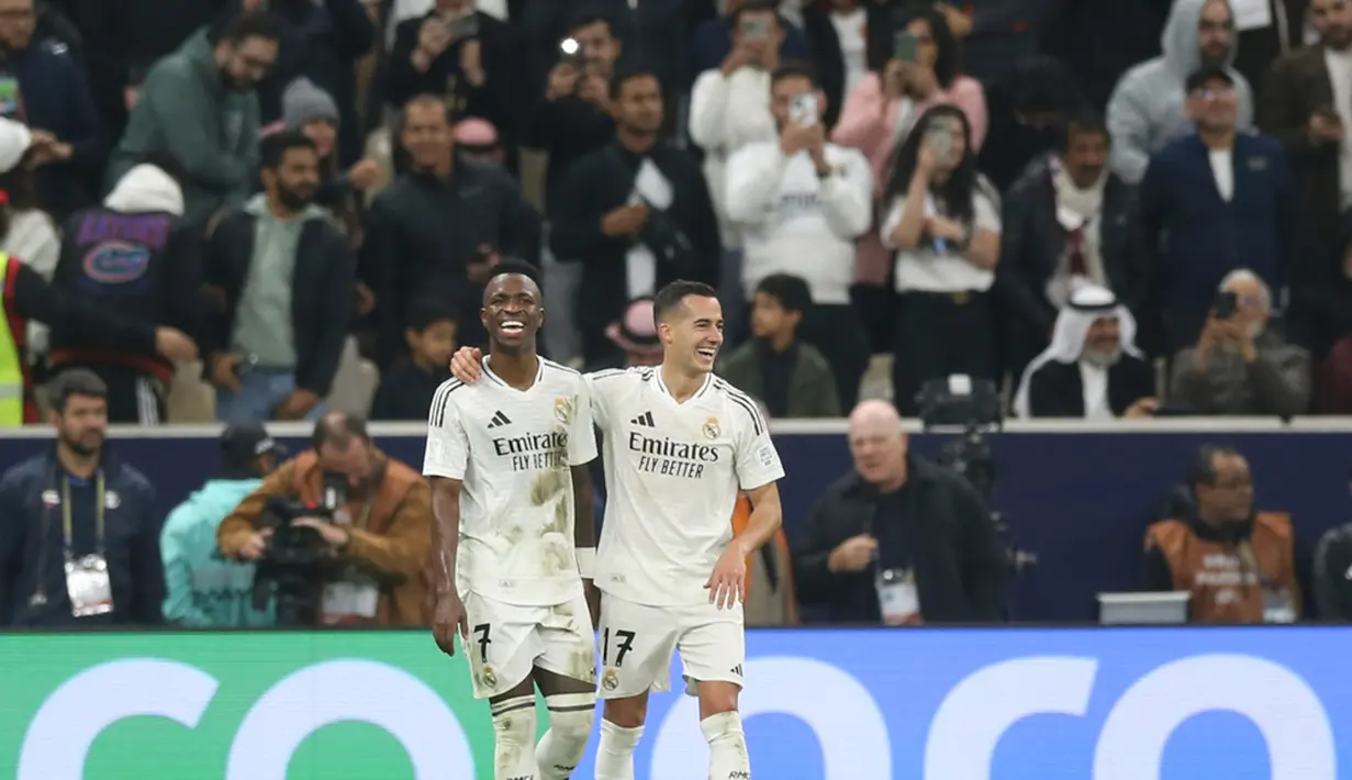 Pertandingan di Stadion Lusail di Qatar berlangsung berat sebelah. Real Madrid bermain dominan dan hanya sesekali membiarkan lawan mereka mengancam lewat serangan balik. (AP Photo/Hussein Sayed)